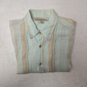 Tommy Bahama Shirt Mens Large Blue Tan Striped 100% Linen Long Sleeve Casual